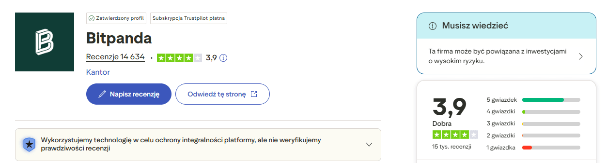 Opinie o Bitpanda na Trustpilot
