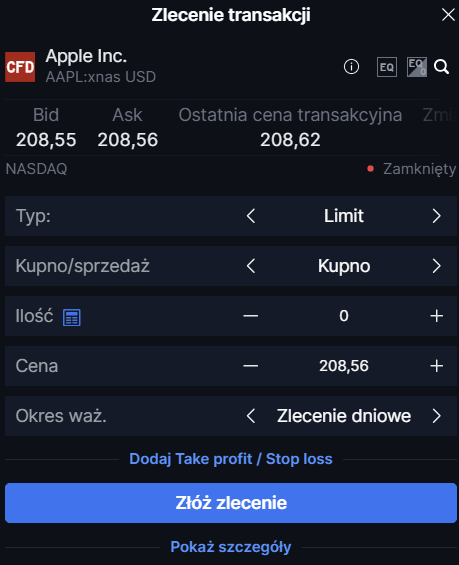 Zlecenie transakcji w SaxoTraderGO