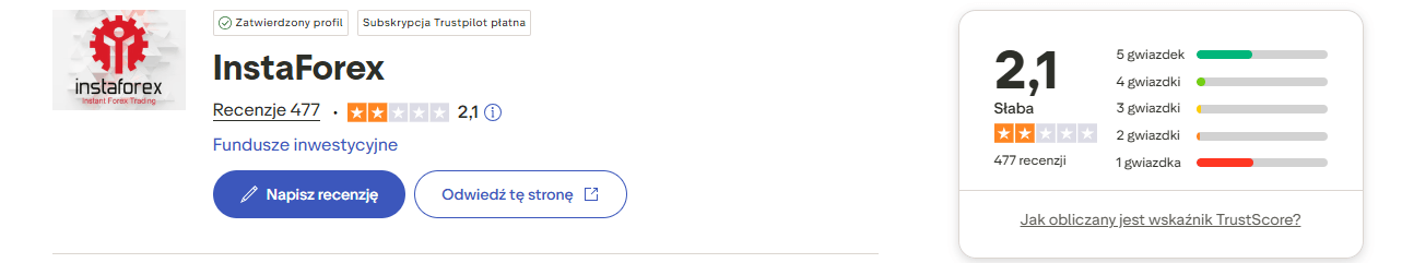 Opinie o InstaForex na Trustpilot
