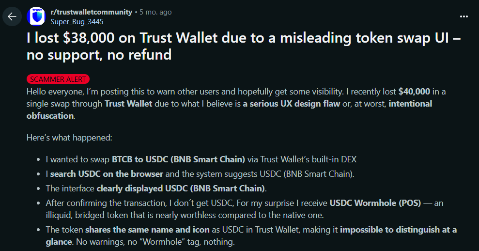 Post na Reddicie o fałszywym tokenie w Trust Wallet