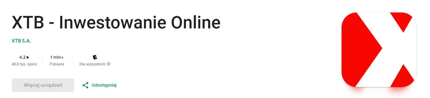 Ocena aplikacji mobilnej XTB w Google Play