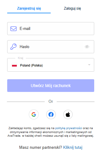 Formularz rejestracji konta w AvaTrade