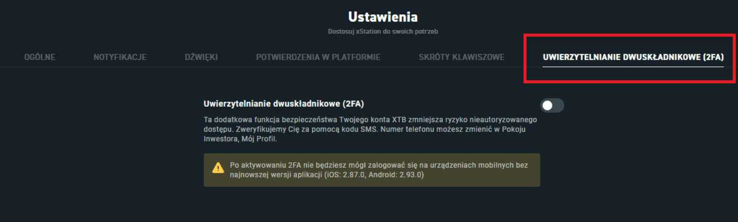 Ustawienia logowania dwuskładnikowego 2FA w XTB