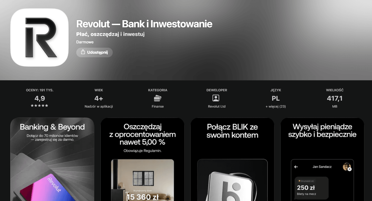 Revolut opinie w App Store: ocena 4,9/5