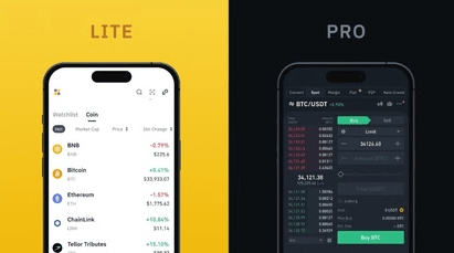 Porównanie trybów Binance Lite i Binance Pro w aplikacji