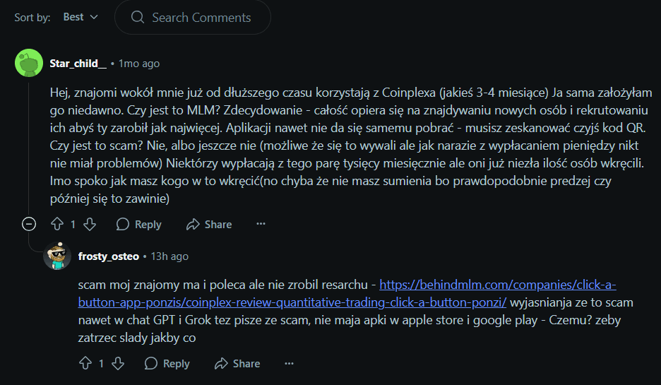 Negatywne opinie o Coinplex na Reddit
