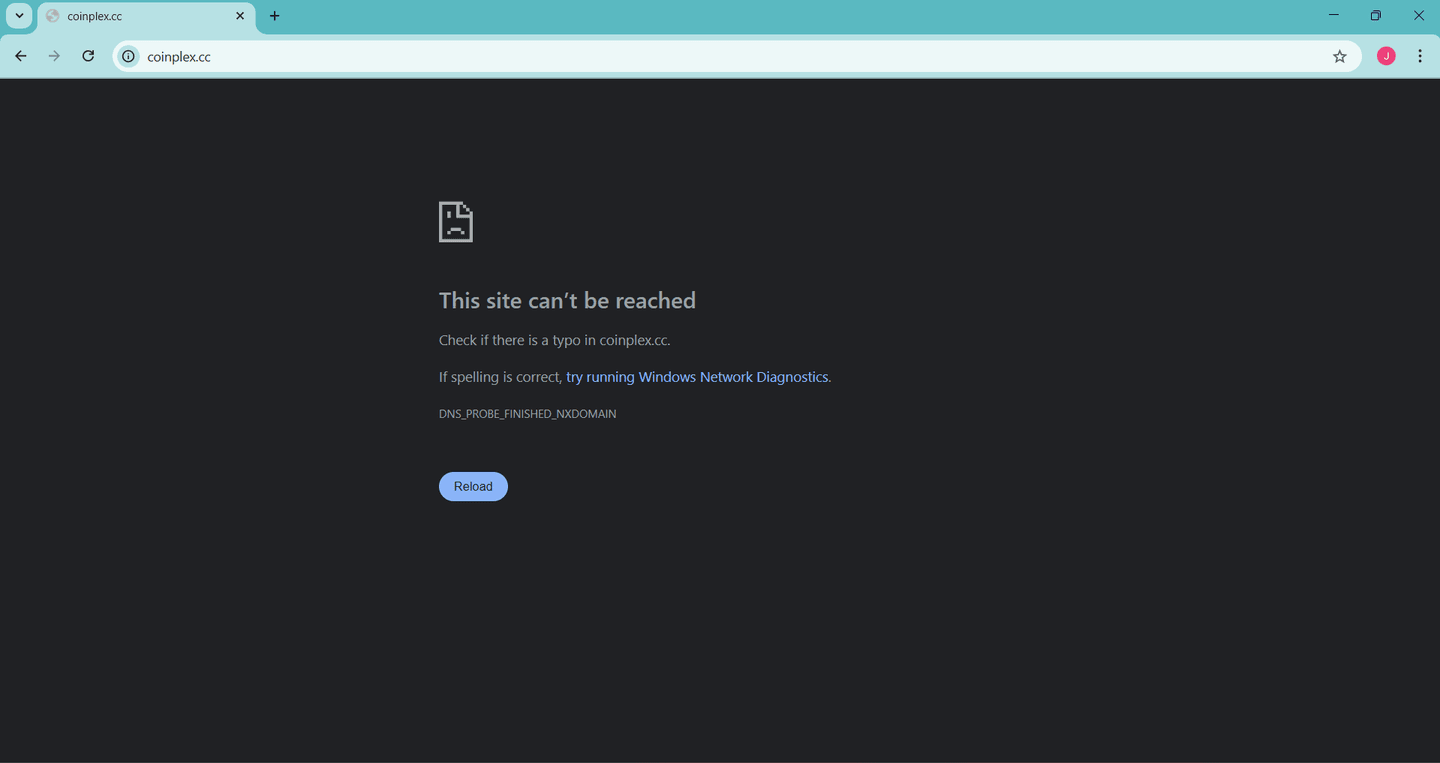 Nieaktywna domena coinplex.cc po upadku Coinplex