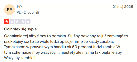 Negatywne opinie o Coinplex na Trustpilot