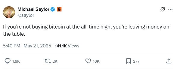 Tweet Michaela Saylora po tym, jak Bitcoin powrócił do 100 tys.