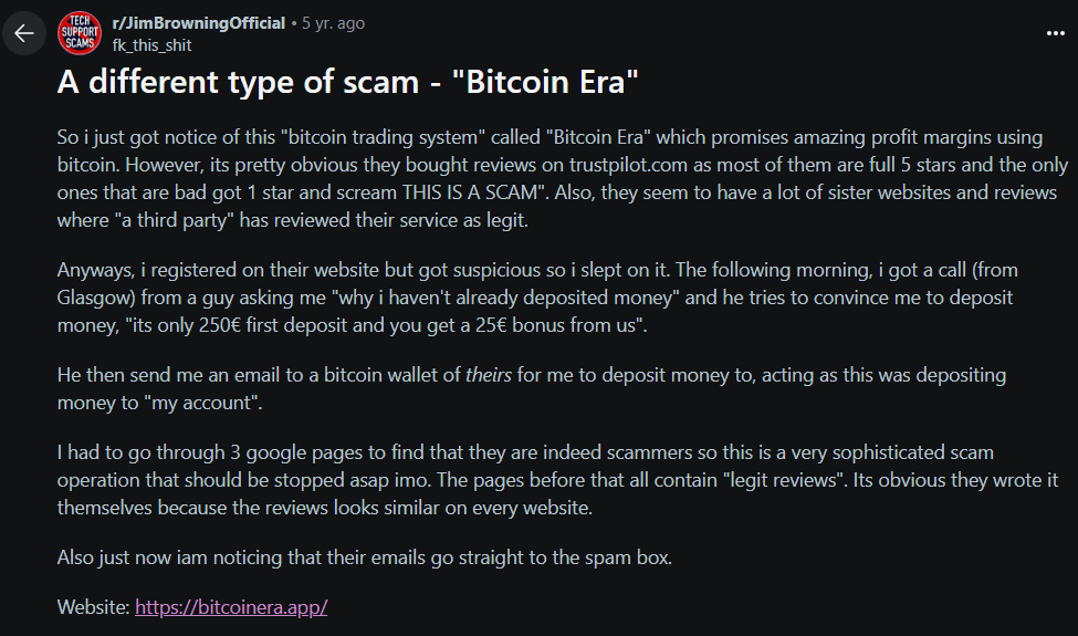 Relacja poszkodowanego przez Bitcoin Era na Reddicie