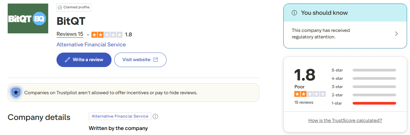 opinie o bitqt na trustpilot