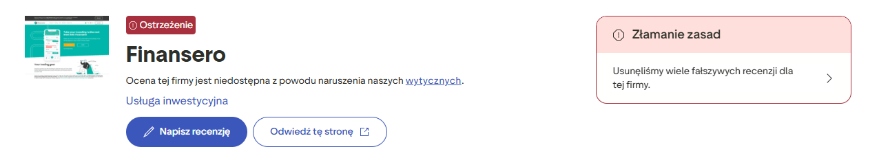 Profil Finansero z ostrzeżeniem na platformie z opiniami