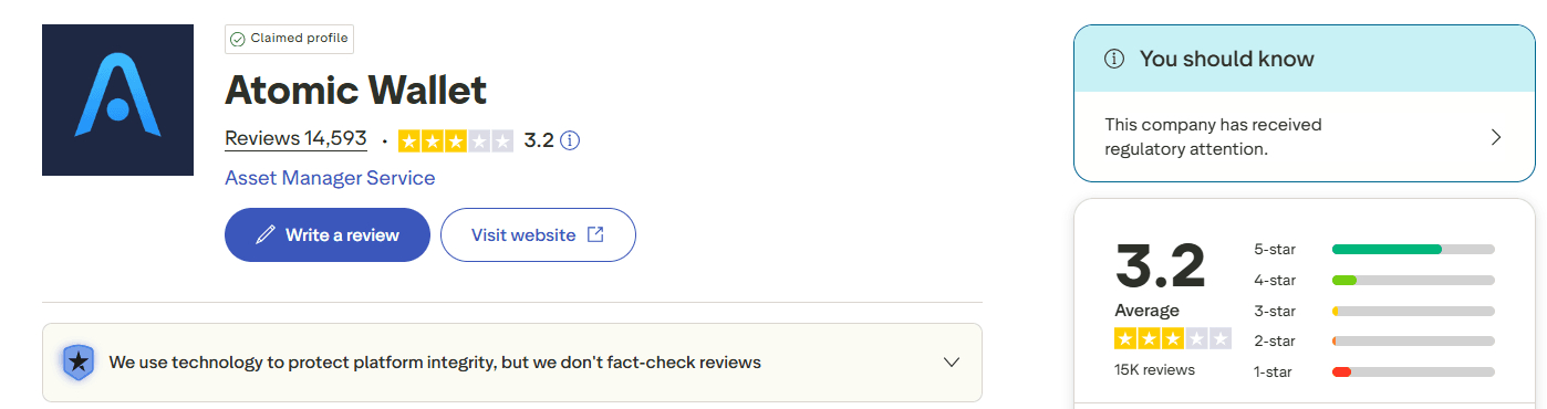 Opinie na Trustpilot o Atomic Wallet