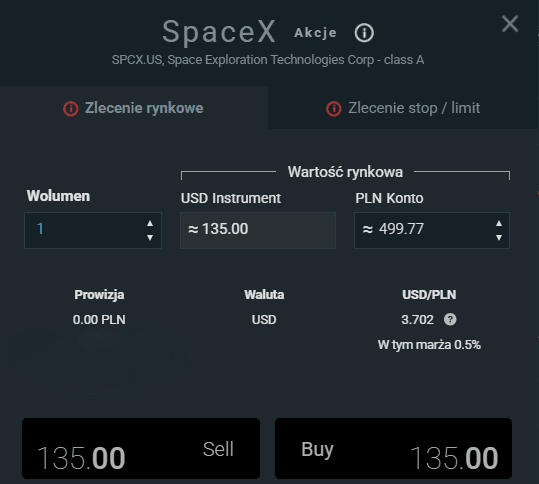 Zlecenie kupna akcji SpaceX SPCX.US w xStation XTB