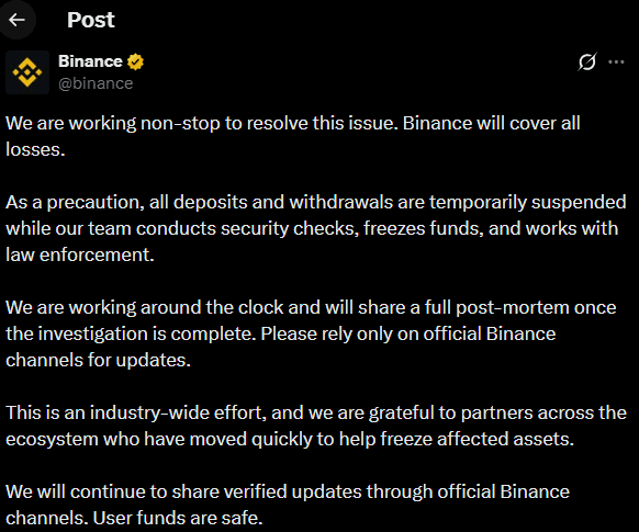 Wpis Binance na X po ataku hakerskim